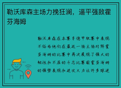 勒沃库森主场力挽狂澜，逼平强敌霍芬海姆