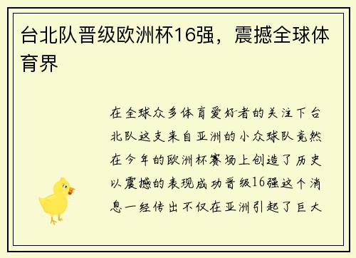 台北队晋级欧洲杯16强，震撼全球体育界